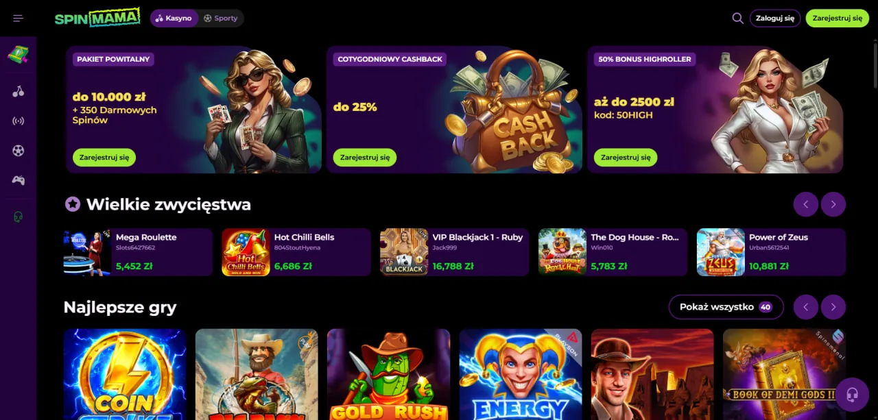 Spinmama Casino sekcja menu